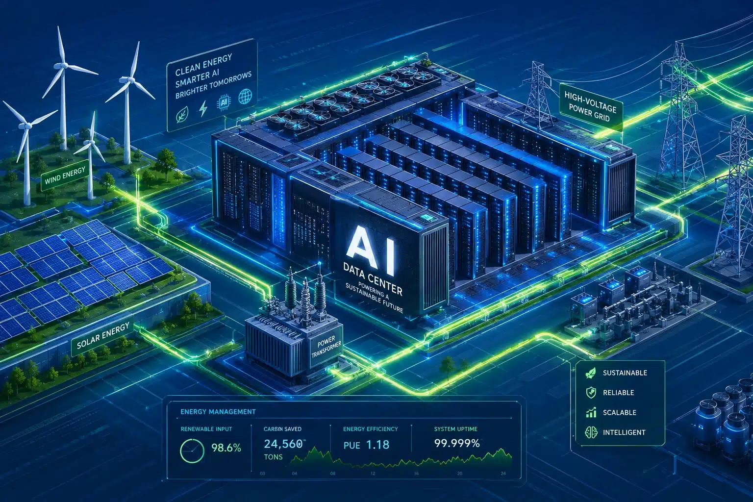 AI 데이터센터와 태양광·풍력 발전소가 거대한 초고압 전력망으로 연결된 모던한 인포그래