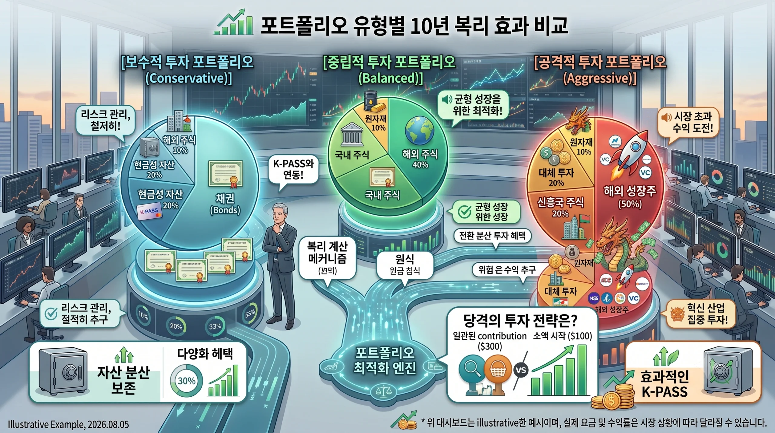 3가지 투자 성향(보수형, 균형형, 공격형)을 파이 차트 형태로 나타낸 시각 자료