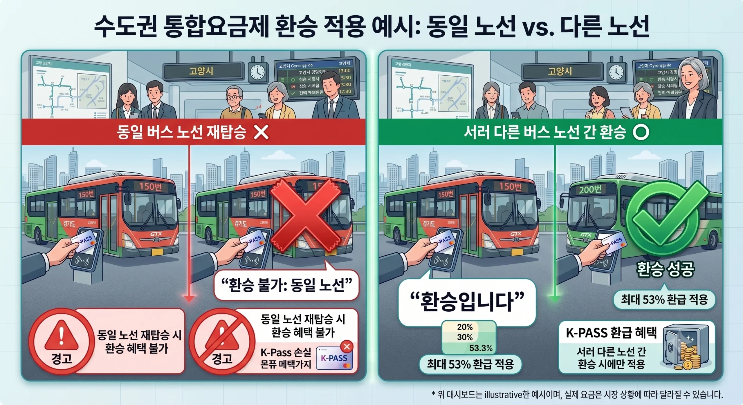 수도권 통합요금제 환승 적용 예시 인포그래픽