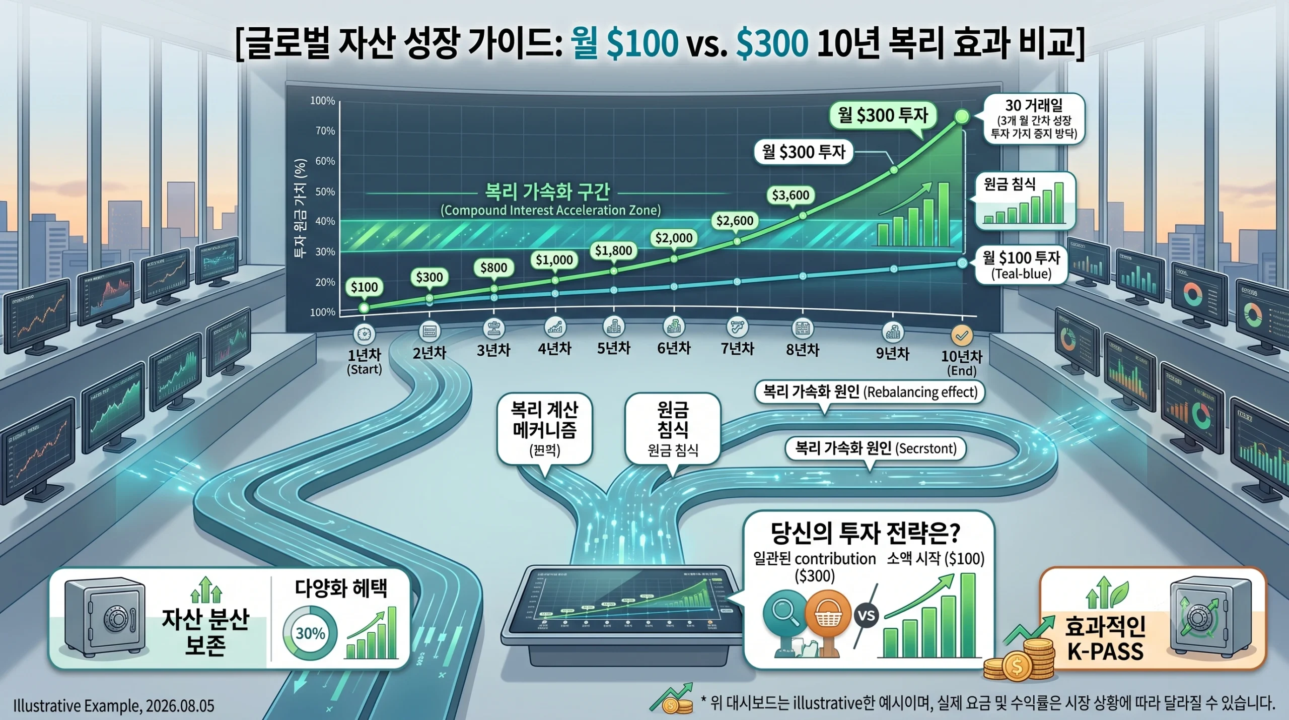 월별 적립금액에 따라 시간이 지남에 따라 복리로 자산이 성장하는 그래프
